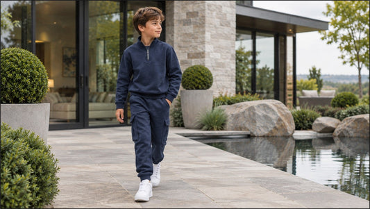 Jongen in comfortabel grijs trainingspak wandelt bij modern huis